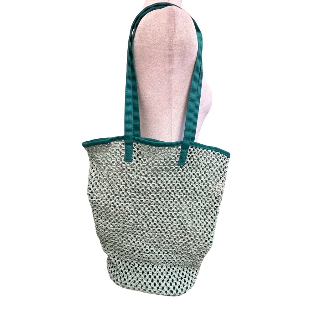 Boho Woven Paper Straw Tote Bag Mint Green Teal Mesh Beach Market Coastal Resort